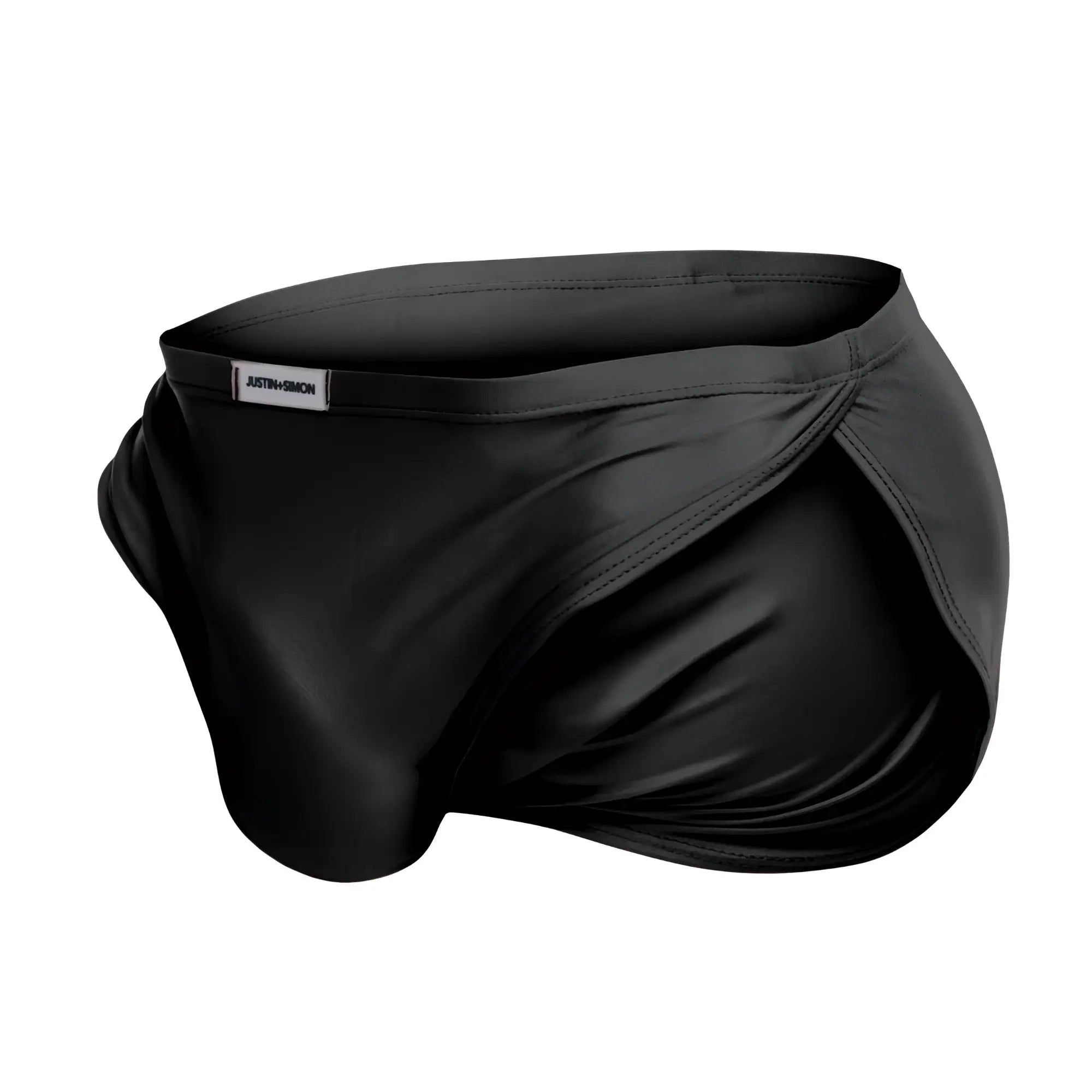 Black satin-like justin simon xsj09 running briefs with sleek form-fitting design and subtle brand tag at waistband