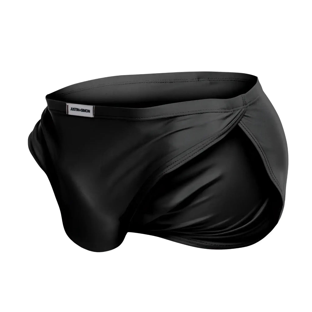 Black satin-like justin simon xsj09 running briefs with sleek form-fitting design and subtle brand tag at waistband