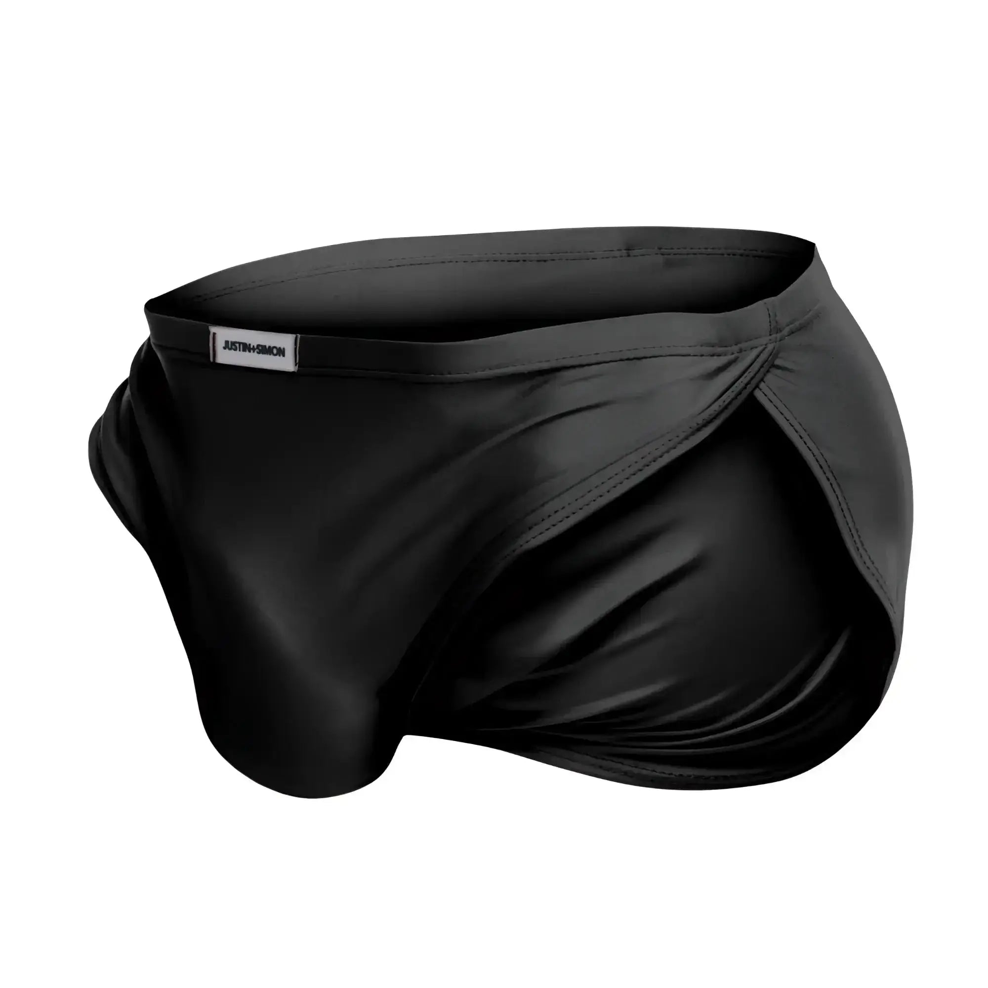Black satin-like justin simon xsj09 running briefs with sleek form-fitting design and subtle brand tag at waistband