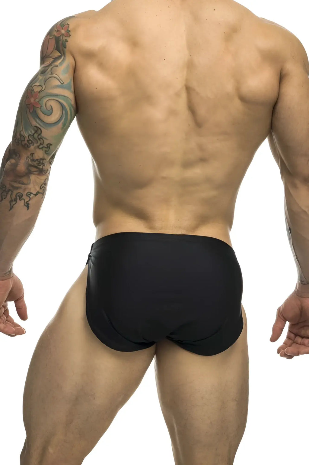 Justin+Simon xsj09 black form-fitting swim trunks designed for running and active use