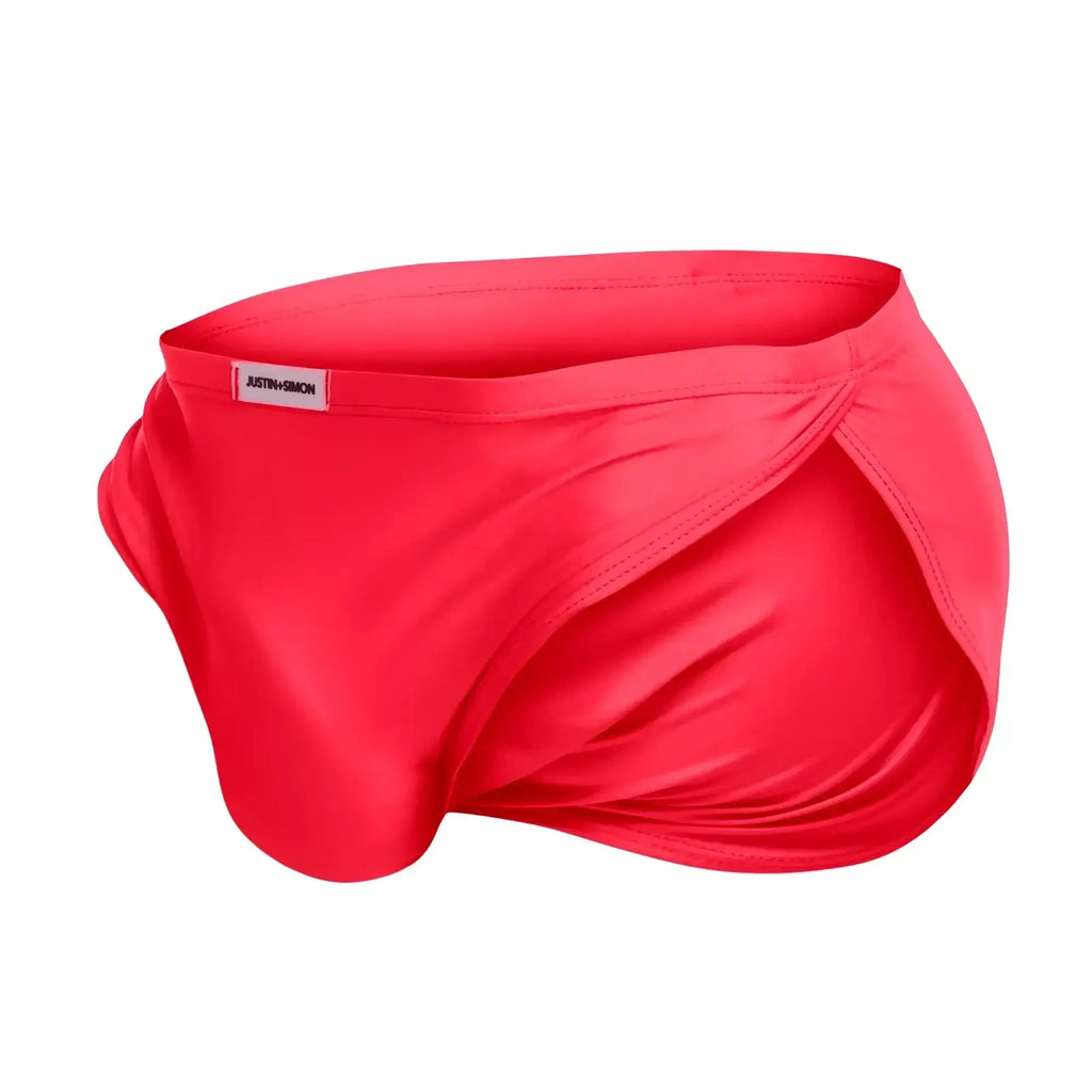 Bright red coral satin-like justin simon xsj09 running briefs with sleek modern design and branded waistband label