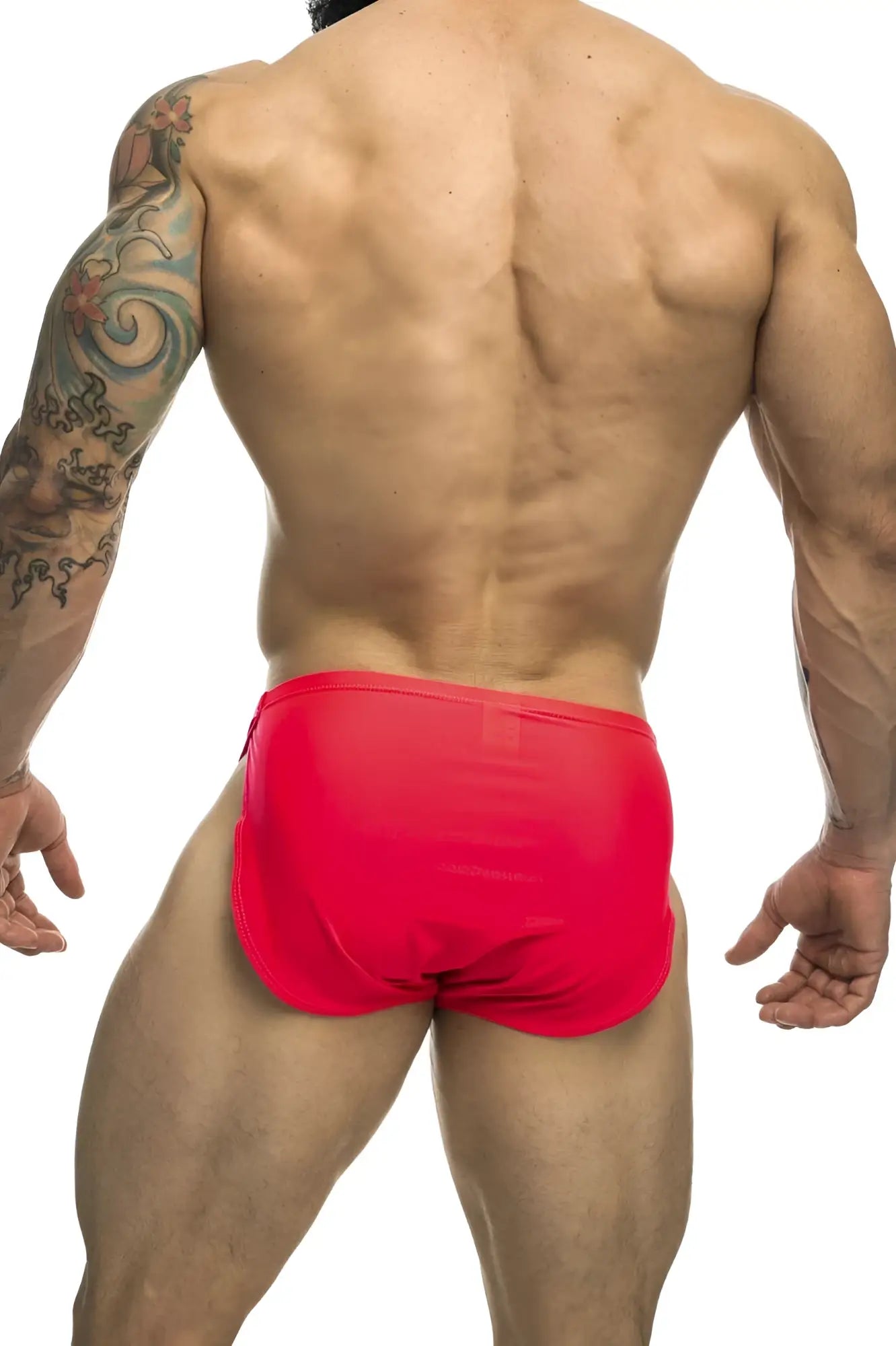 Bright red form-fitting swim trunks from justin simon xsj09 running shorts coral designed for active use