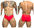 Bright red form-fitting briefs with a small white label at waistband from justin simon xsj09 running shorts coral color