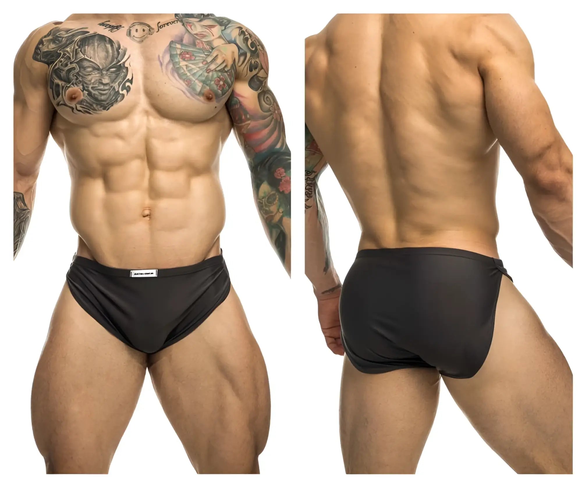 Black athletic briefs with a small white justin simon brand tag on the waistband for running in gray color