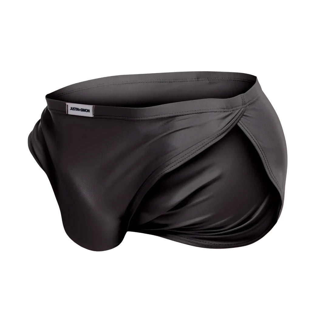 Black satin men’s briefs with sleek smooth texture and subtle sheen in justin simon xsj09 running shorts gray color