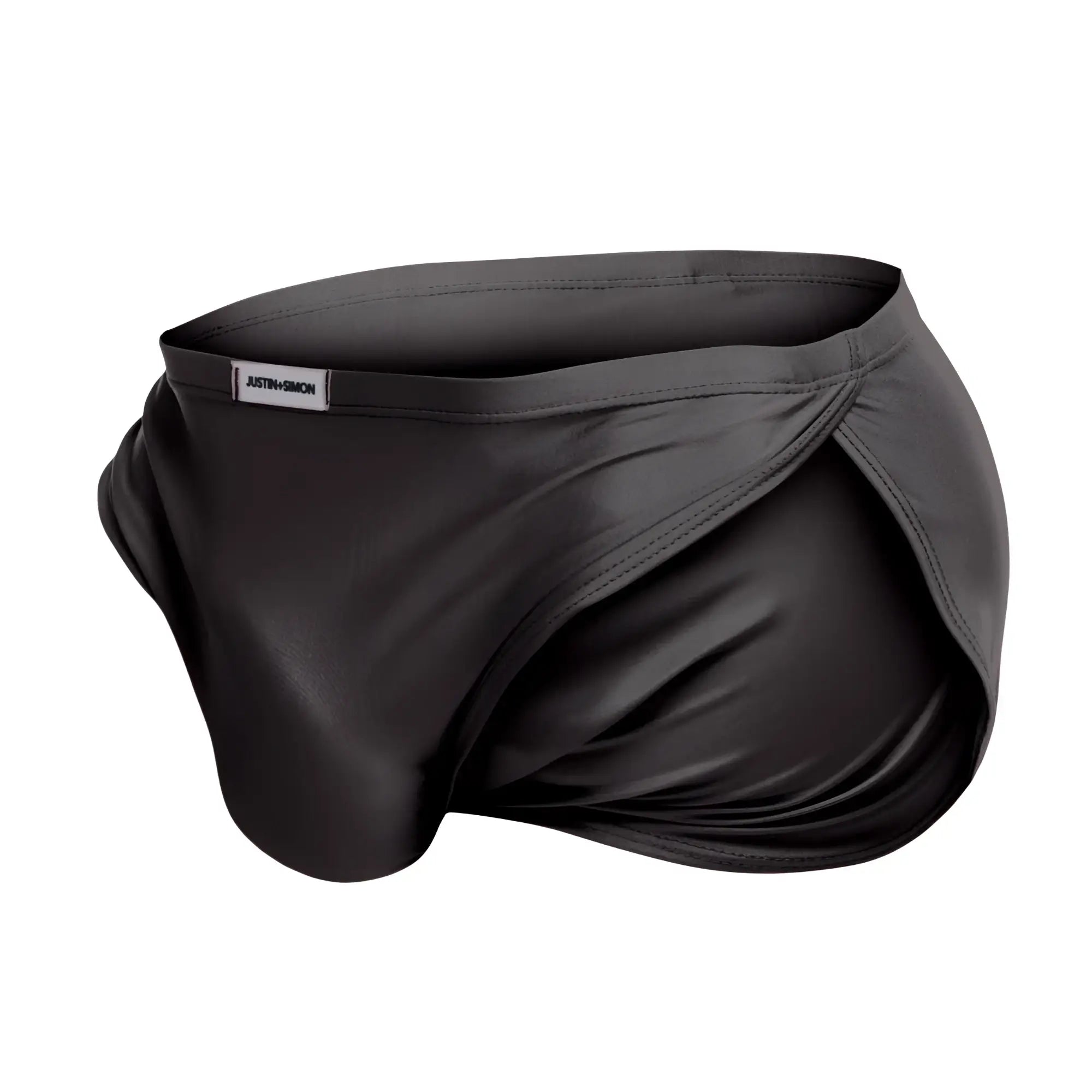 Black satin men’s briefs with sleek smooth texture and subtle sheen in justin simon xsj09 running shorts gray color