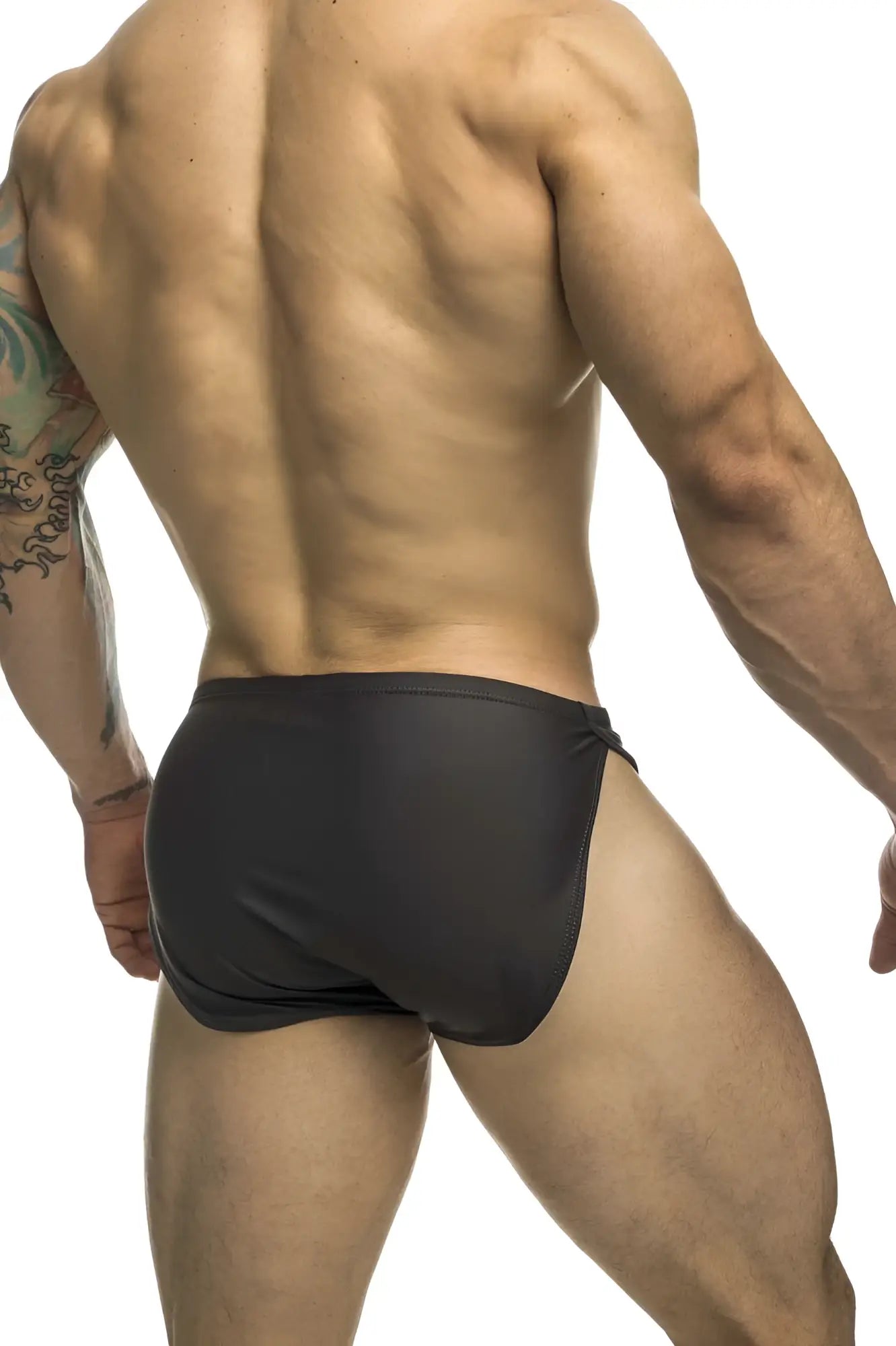 Justin+Simon xsj09 running shorts in gray featuring sleek black form-fitting swim trunks with smooth material and side slit