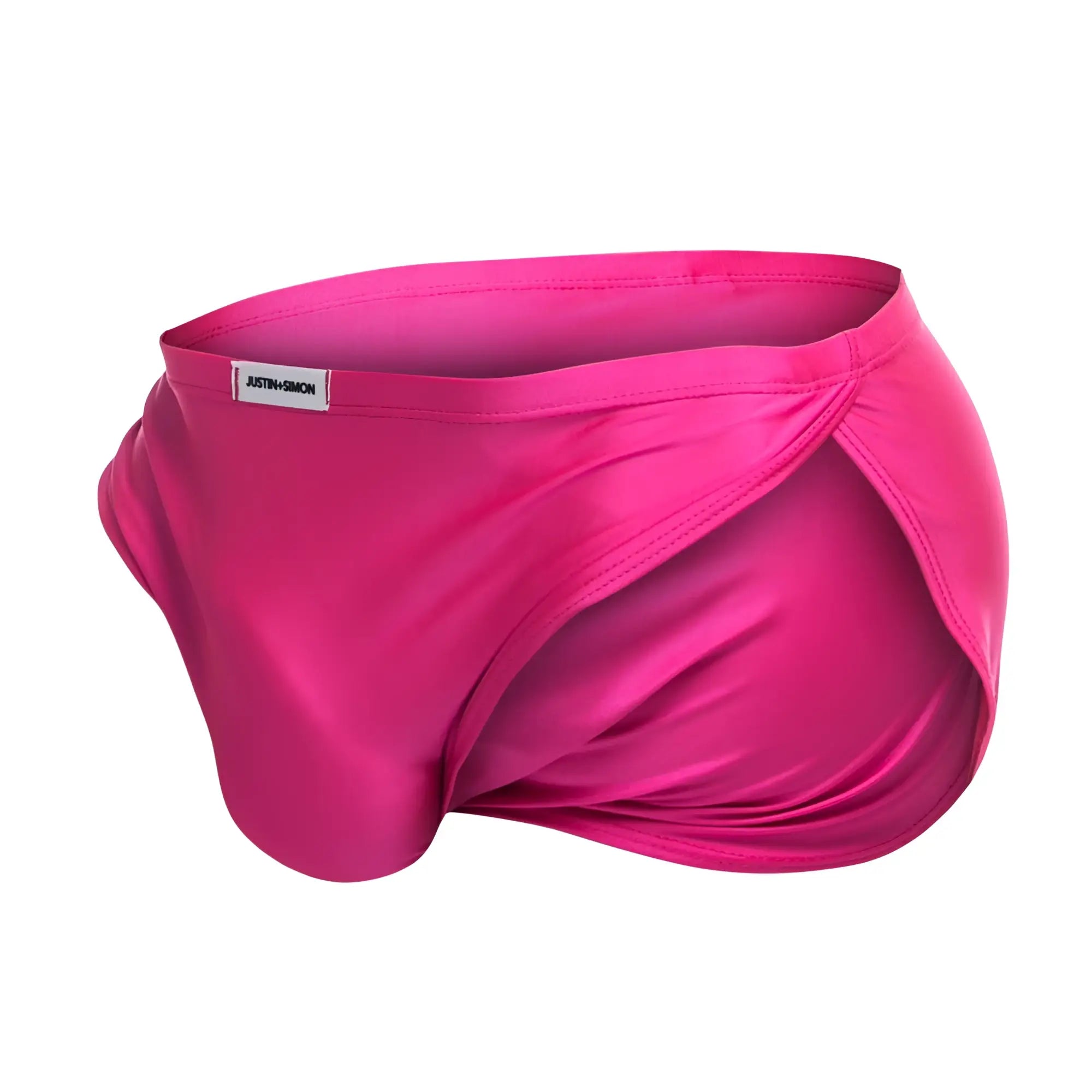 Bright pink satin justin simon xsj09 running shorts with sleek modern design and branded label