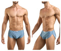 Light blue smooth textured men’s briefs with subtle side slit and white brand tag paired with justin simon xsj09 metal green running shorts
