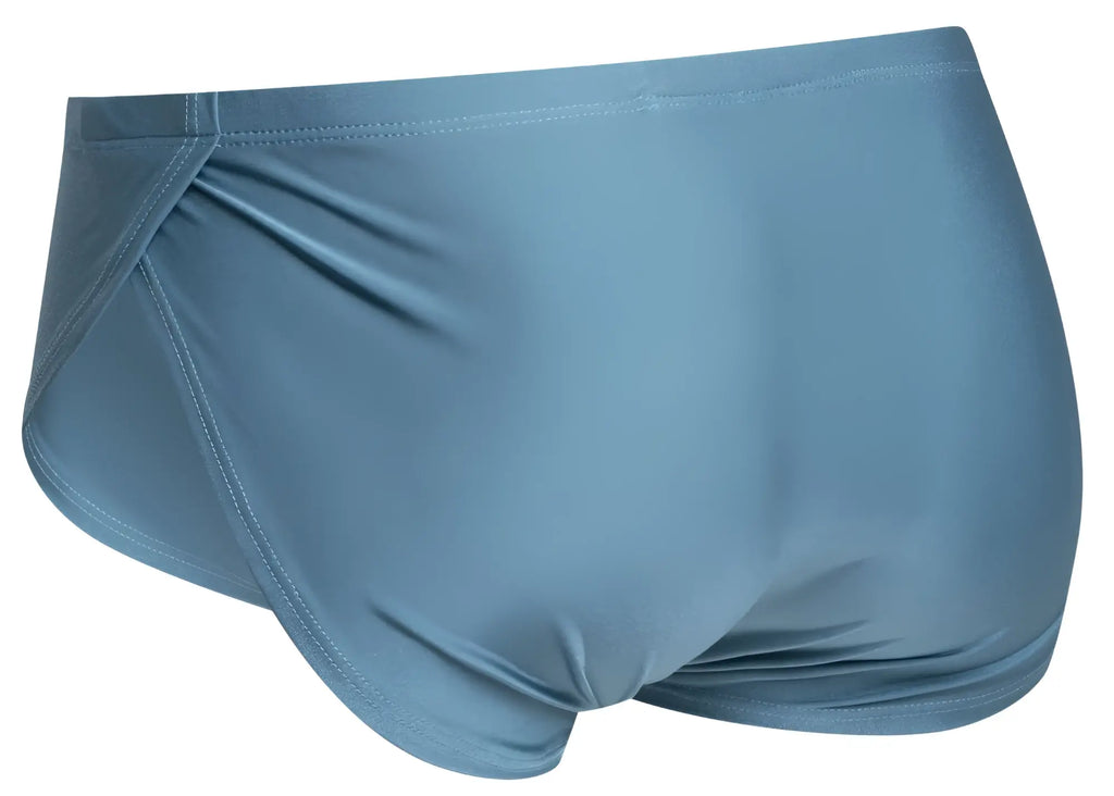 Light blue athletic brief with smooth stretchy fabric and clean waistband stitching for running by justin simon