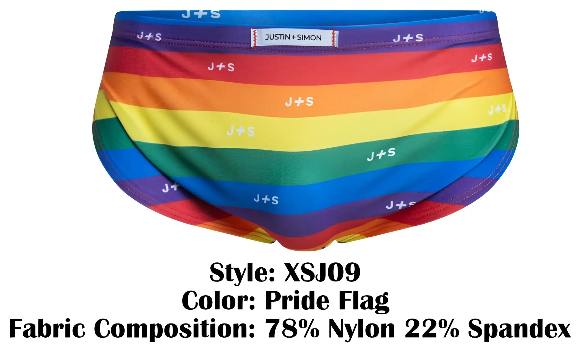Mens rainbow-striped briefs in pride flag colors with repeated j plus s logo printed on fabric for vibrant style