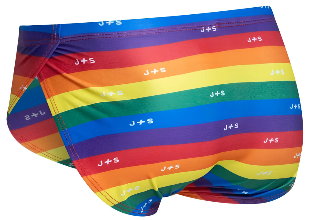 Rainbow-striped men’s briefs with white js logo on each stripe from justin simon xsj09 running shorts color pride flag collection