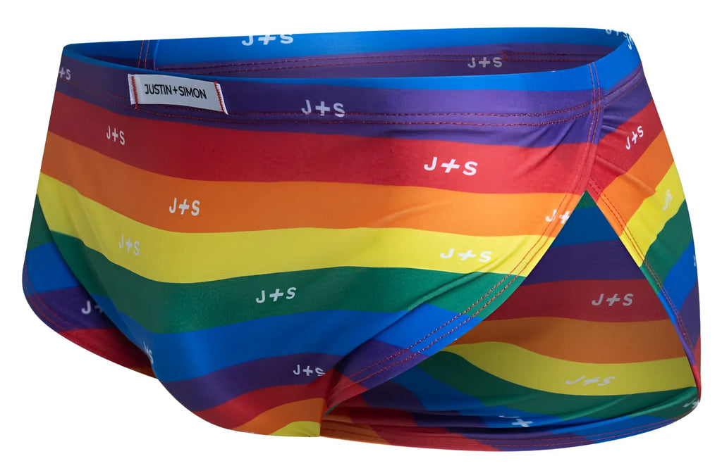 Rainbow-striped men’s briefs with j+s logo printed on each color band from justin simon xsj09 running shorts color pride flag