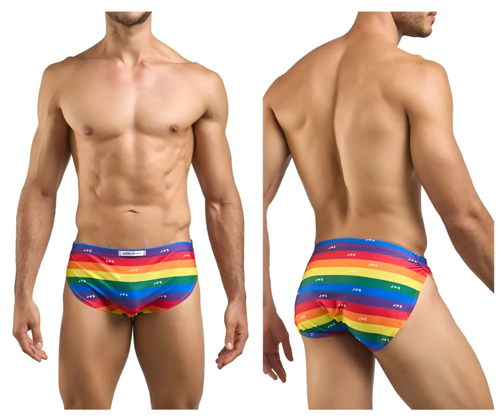 Rainbow-striped men’s briefs with a repeating jes logo pattern in justin simon xsj09 running shorts color pride flag design
