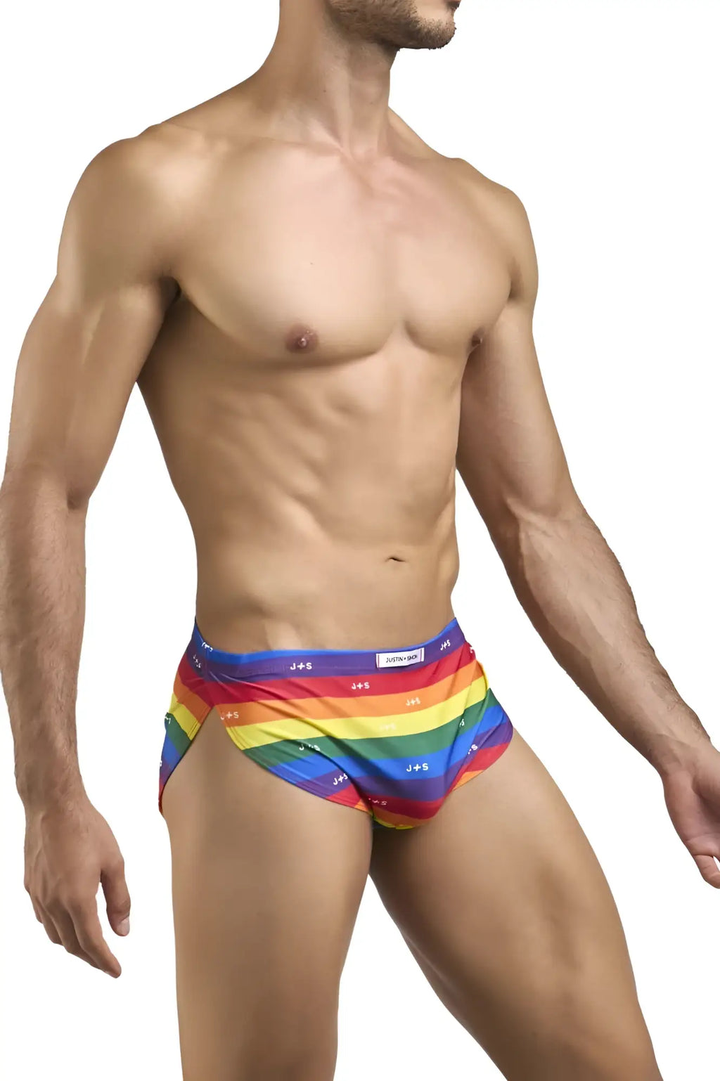 Rainbow-striped justin+simon xsj09 running briefs with snug fit and elastic waistband in pride flag colors