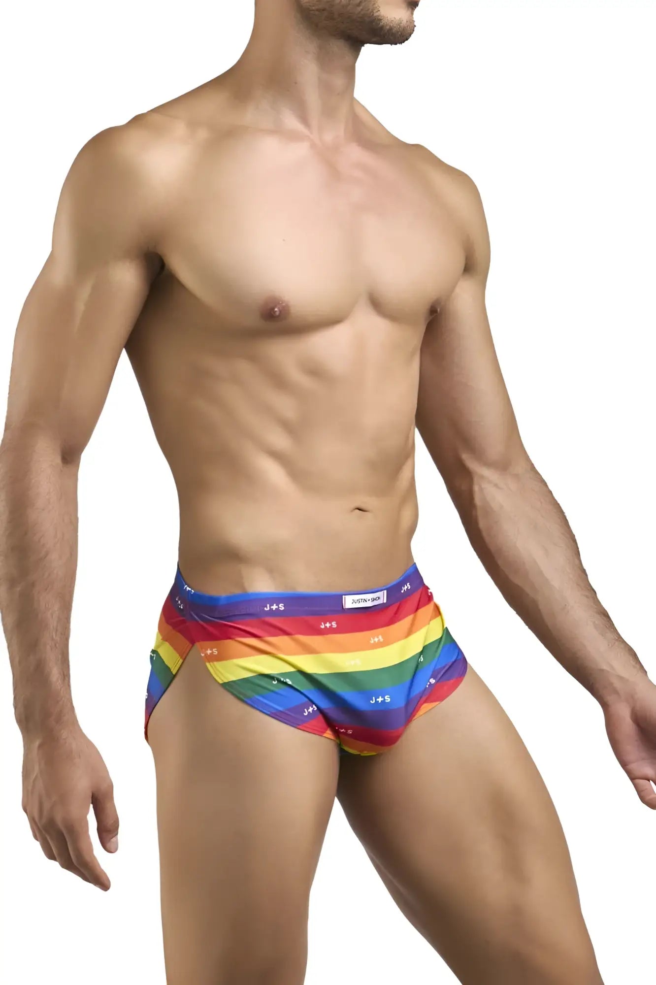 Rainbow-striped justin+simon xsj09 running briefs with snug fit and elastic waistband in pride flag colors