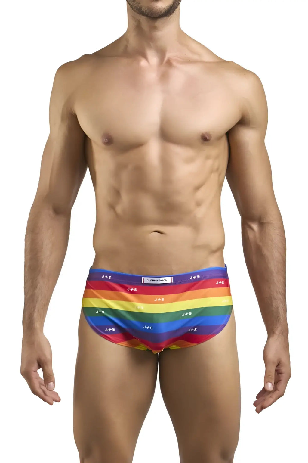 Rainbow-striped justin simon xsj09 running shorts with repeating j plus s logo pattern on waistband for pride flag use