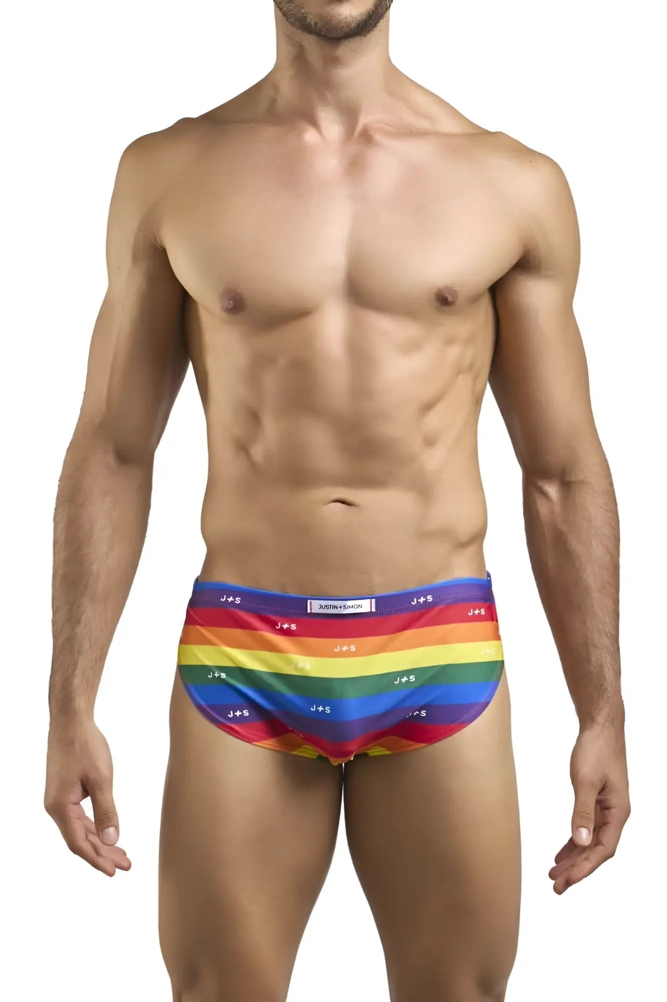 Rainbow-striped justin simon xsj09 running shorts with repeating j plus s logo pattern on waistband for pride flag use