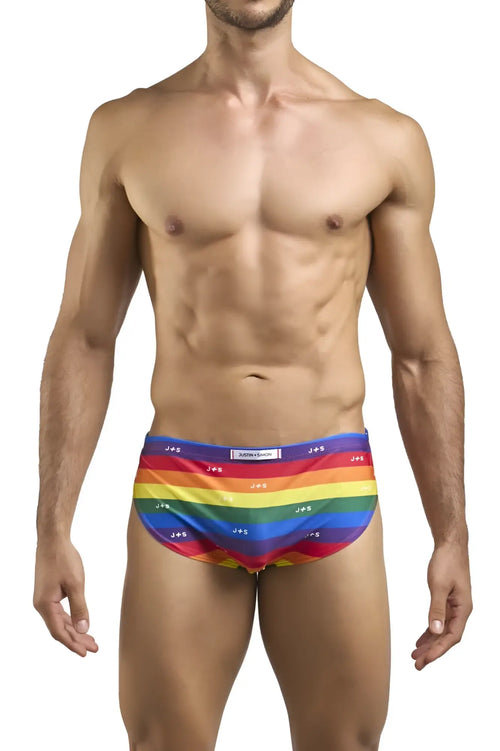 Rainbow-striped justin simon xsj09 running shorts with repeating j plus s logo pattern on waistband for pride flag use