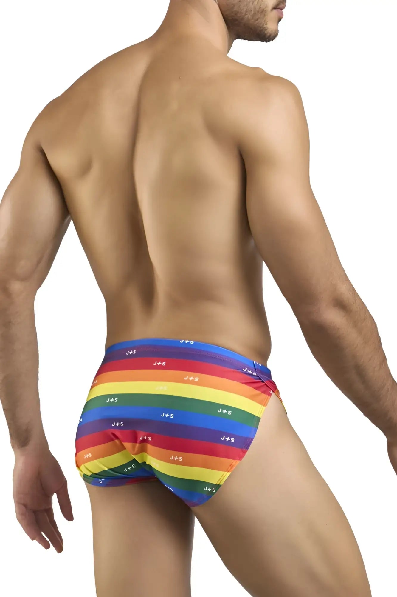Justin simon xsj09 rainbow-striped swim trunks with repeating joo logo pattern in pride flag colors for running