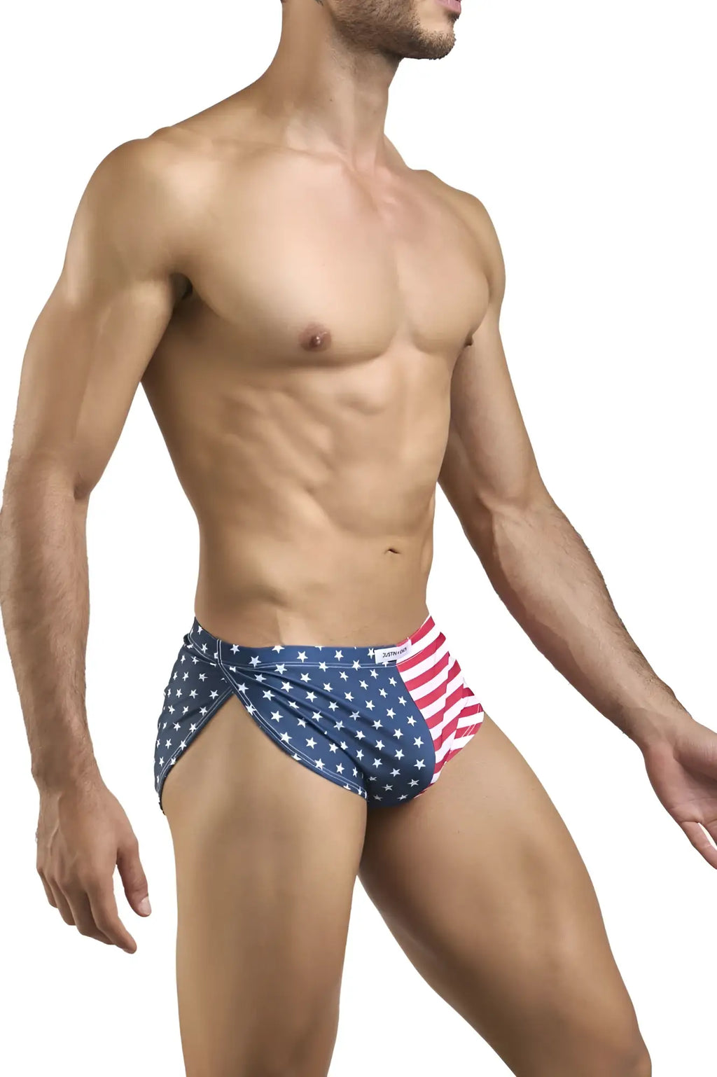 Justin simon XSJ09 running shorts in blue and red usa flag pattern with white stars for athletic use