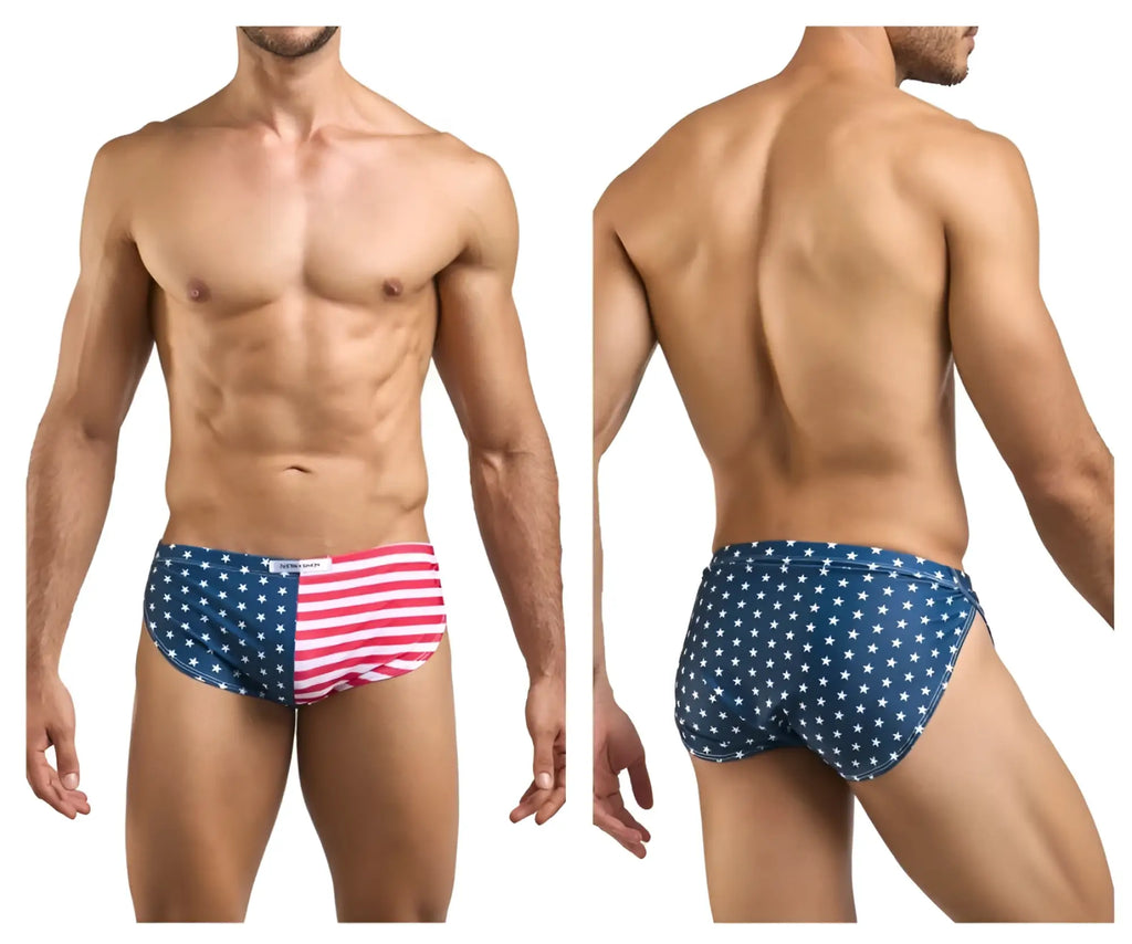 Justin+Simon XSJ09 running shorts featuring blue and red USA flag swim trunks with white stars on stretchy fabric