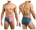 Justin+Simon XSJ09 running shorts featuring blue and red USA flag swim trunks with white stars on stretchy fabric