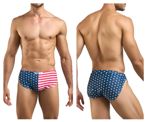 Justin+Simon XSJ09 running shorts featuring blue and red USA flag swim trunks with white stars on stretchy fabric
