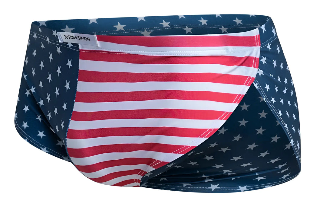 Justin+Simon XSJ09 running shorts with blue and red striped swim trunks featuring white stars usa flag design