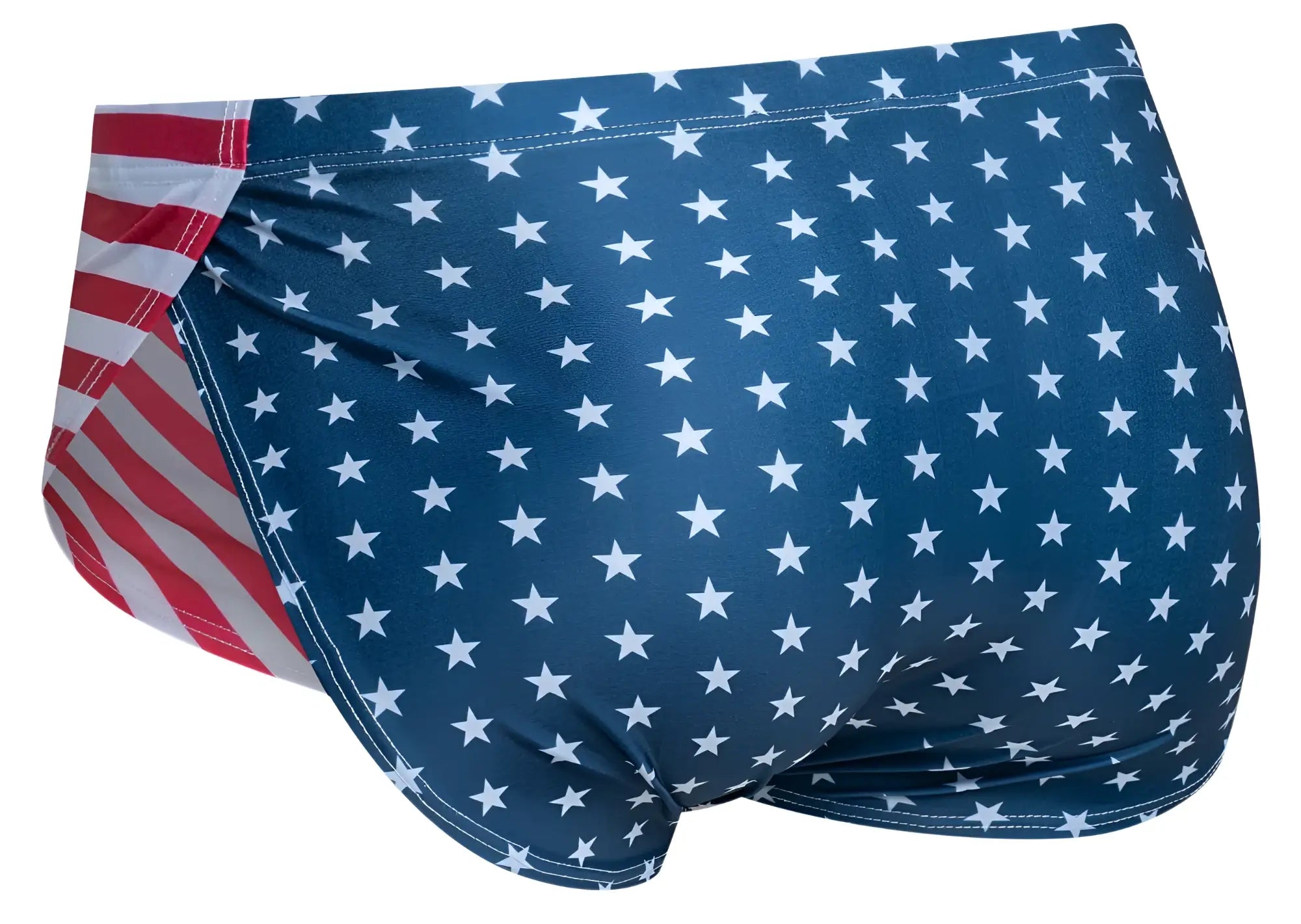 Blue swim trunks with white stars and red white striped side panel from justin simon xsj09 running shorts usa flag collection