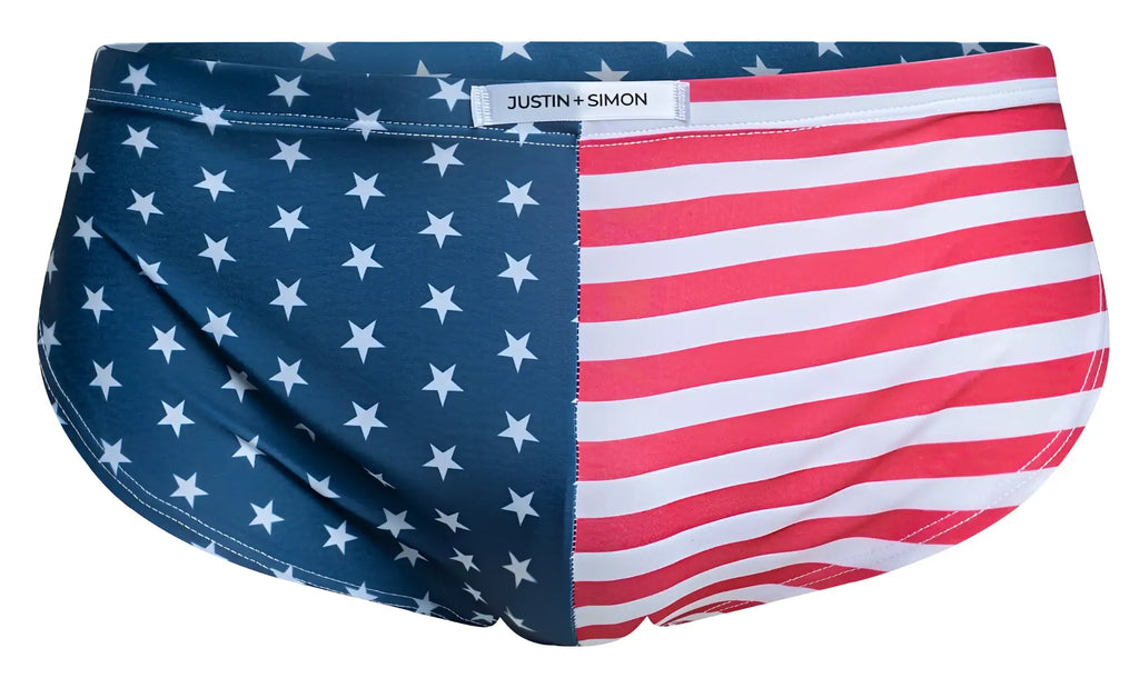 Justin simon xsj09 running shorts featuring bold usa flag design with red white stripes and blue white stars