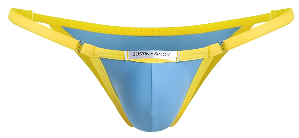 Bright yellow and baby blue justin simon thong with sleek modern design from the xsj12 bikini collection