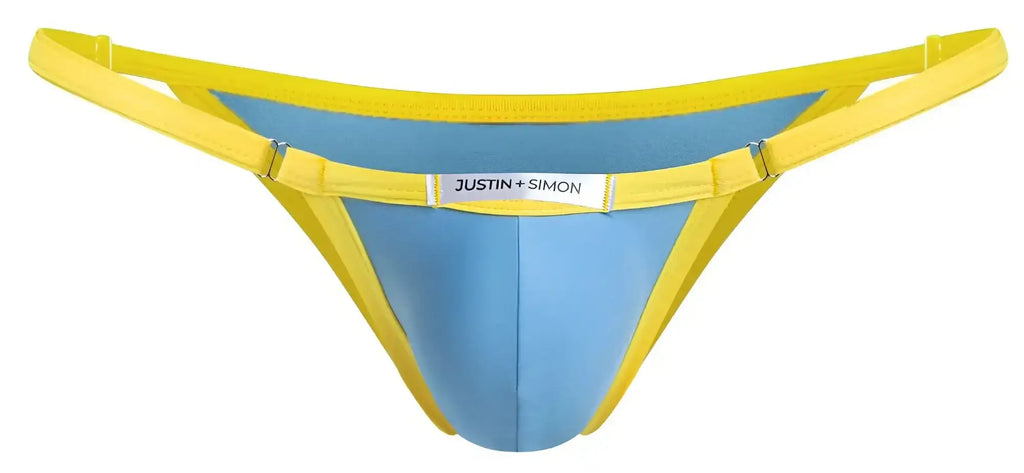 Bright yellow and baby blue justin simon thong with sleek modern design from the xsj12 bikini collection