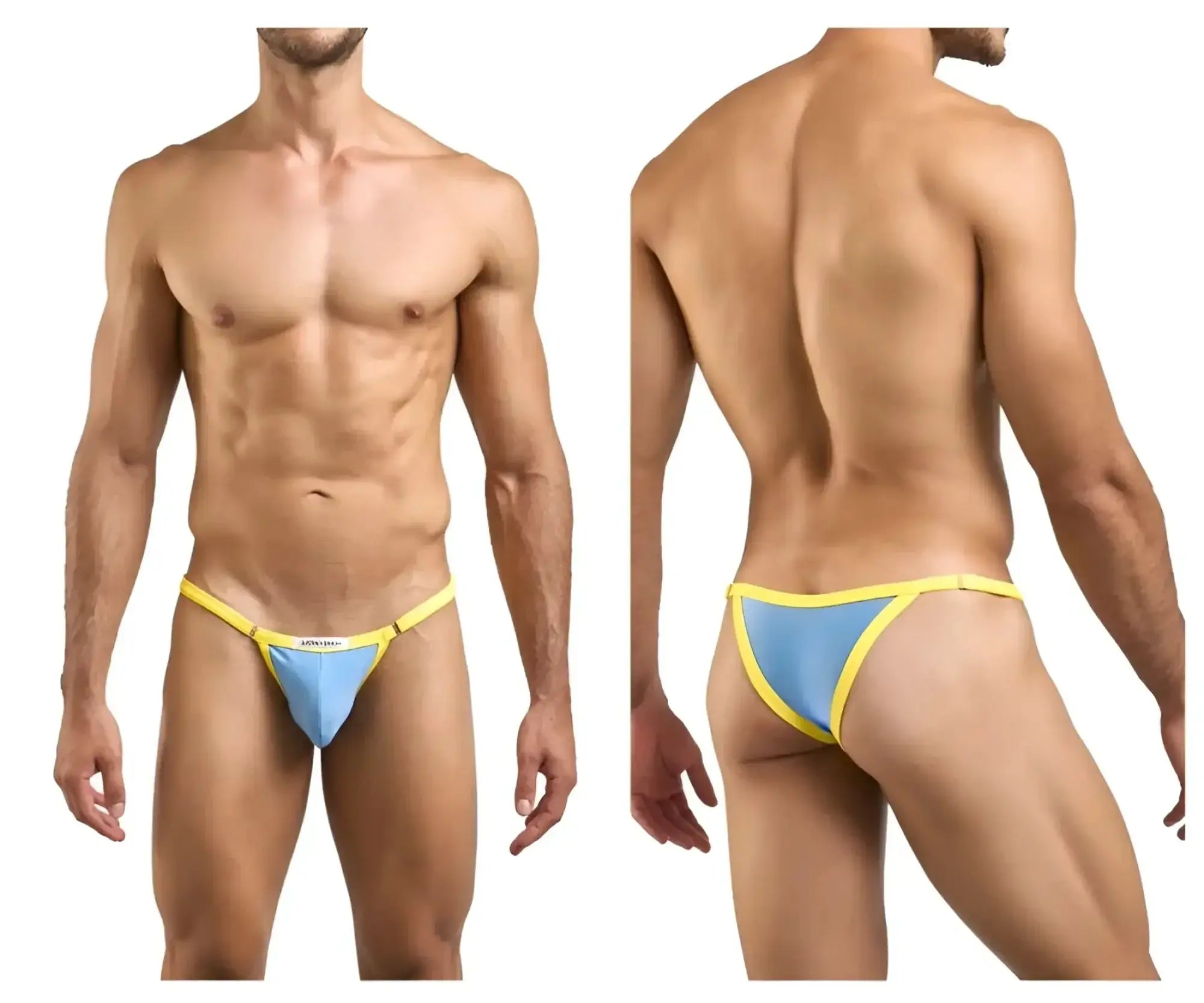 Justin simon xsj12 bikini in baby blue with a thin elastic waistband and blue and yellow thong design