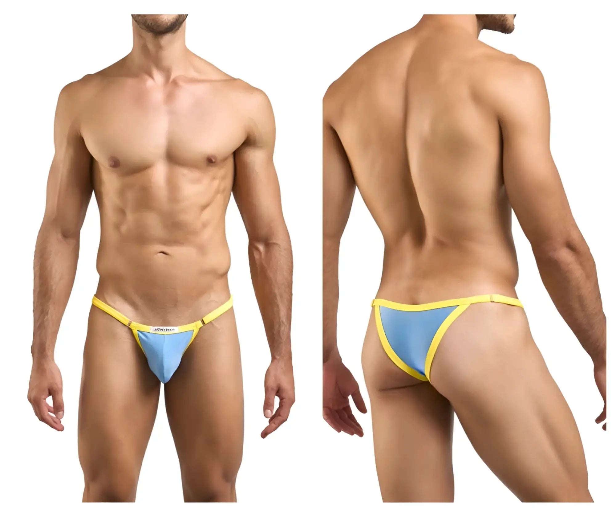 Justin simon xsj12 bikini in baby blue with a thin elastic waistband and blue and yellow thong design