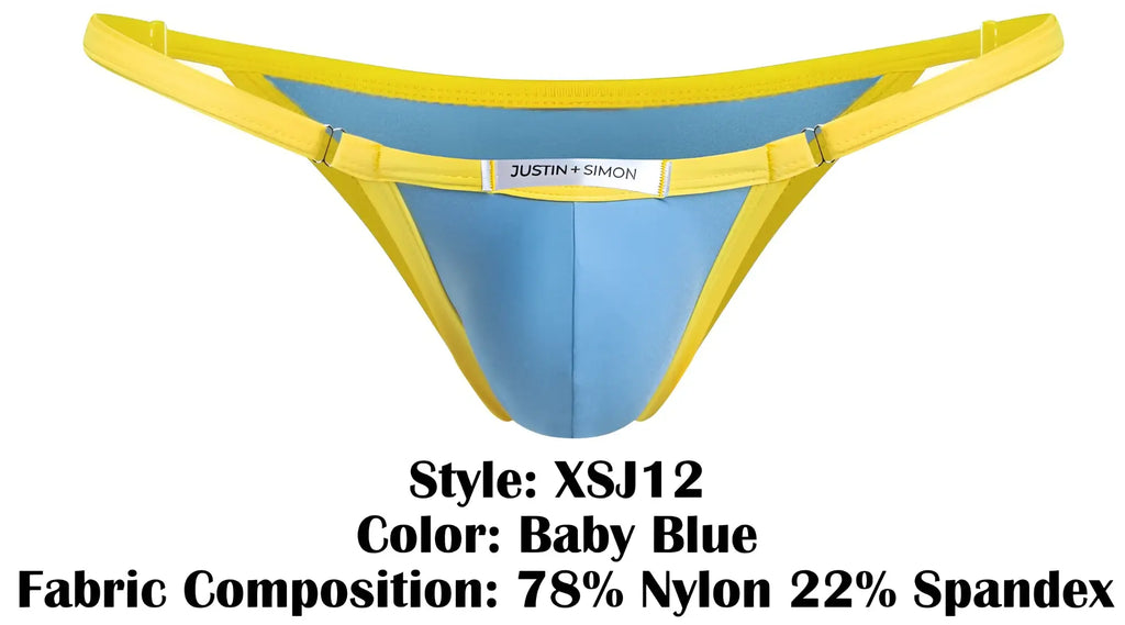 Baby blue and yellow bikini thong with justin simon brand label in XSJ12 style for swimwear use