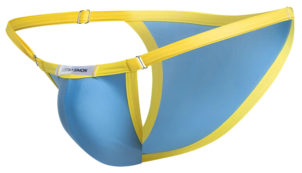 Justin simon xsj12 bikini thong in baby blue and yellow with satin finish showing front side details