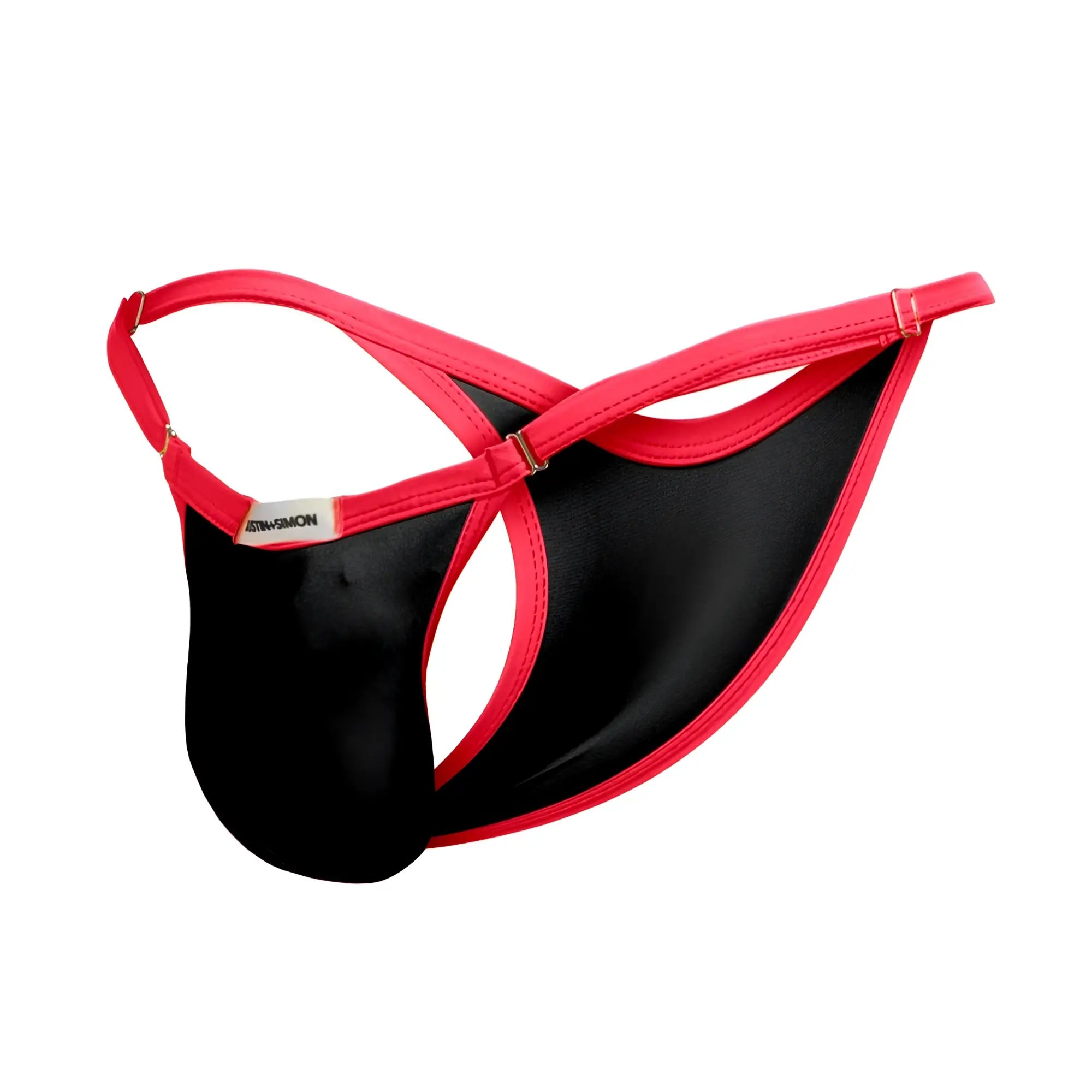 Black and red JUSTIN SIMON XSJ12 bikini thong with shiny smooth fabric and bright pink straps shown from the back side
