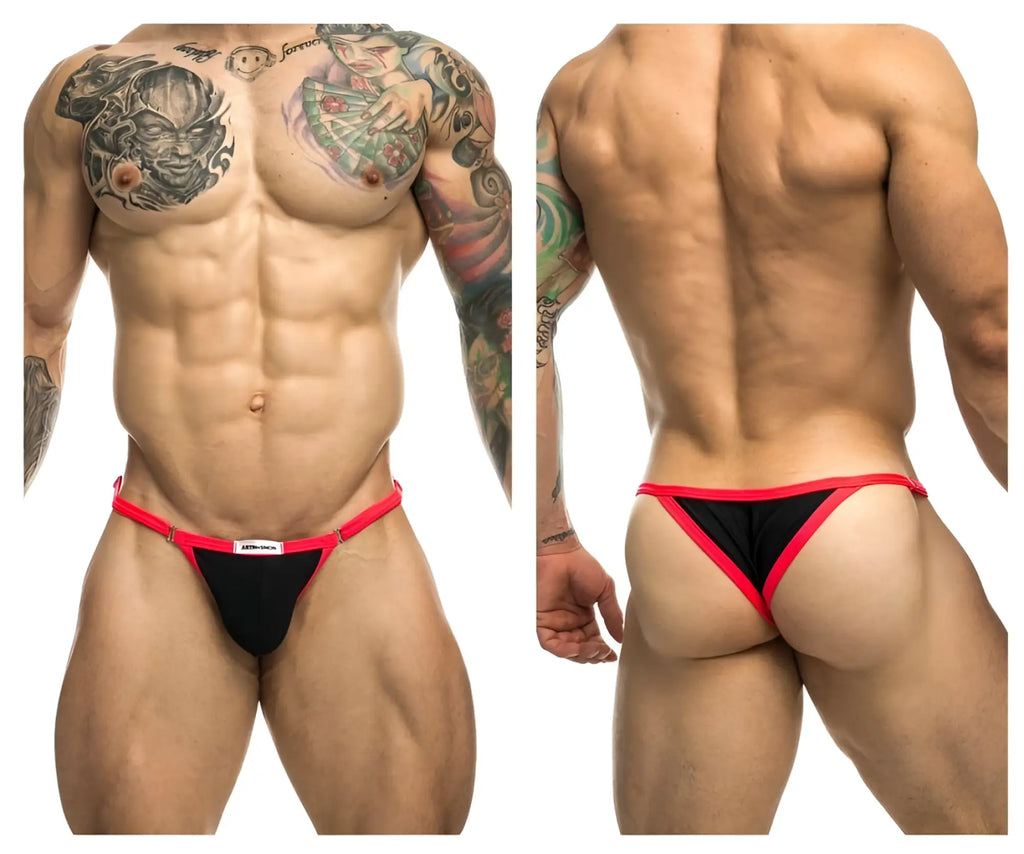 Black and red thong bikini with thin contrasting red trim along edges from justin simon xsj12 collection