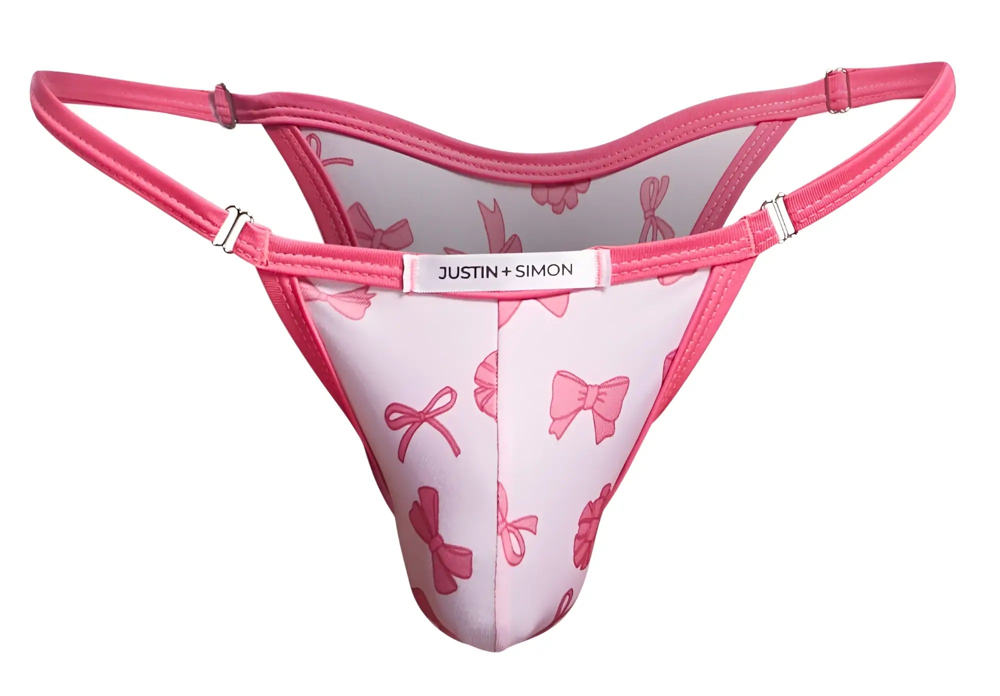 Pink bow-patterned thong bikini by justin + simon in coquette color for stylish swimwear look