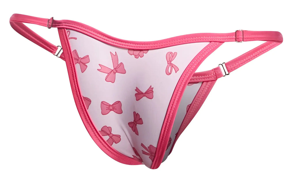 Pink bow-patterned thong with matching pink trim and adjustable straps from justin simon xsj12 bikini color coquette