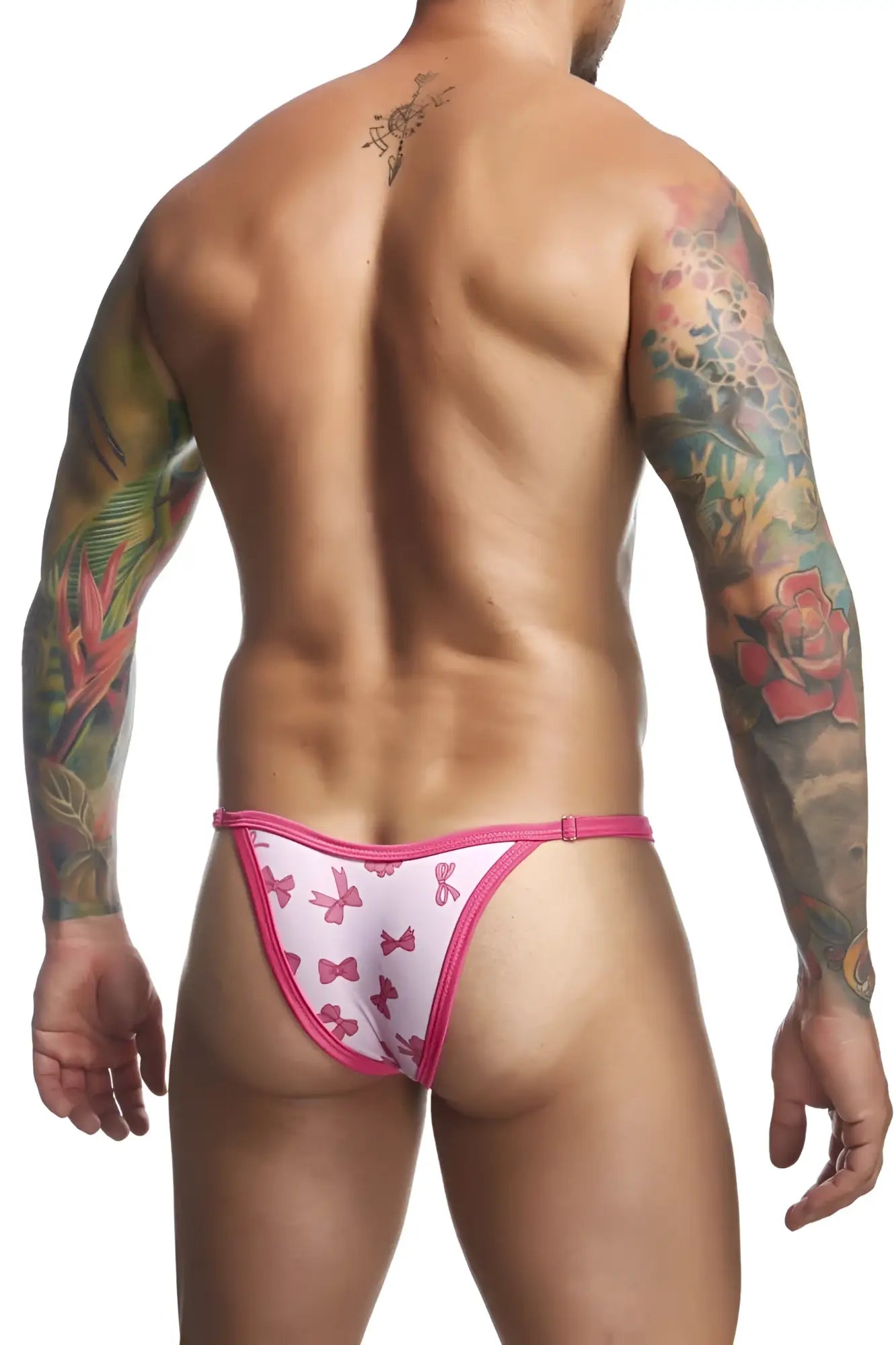 Justin Simon xsj12 bikini color coquette pink and white bow patterned thong with bright pink trim front view