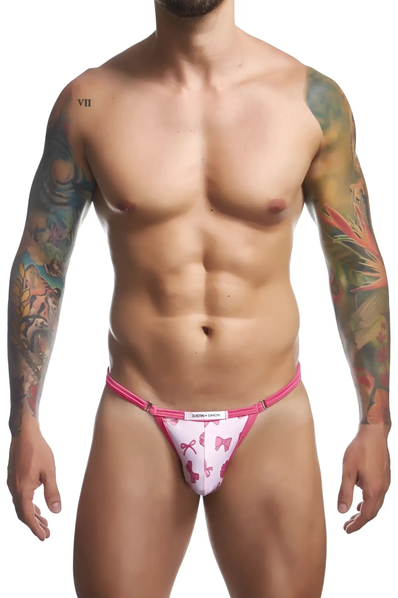 Justin plus simon xsj12 bikini color coquette men’s briefs in pink and white with pink bow patterns