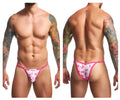 Pink and white patterned thong bikini with pink ribbon motifs by justin+simon xsj12 coquette collection