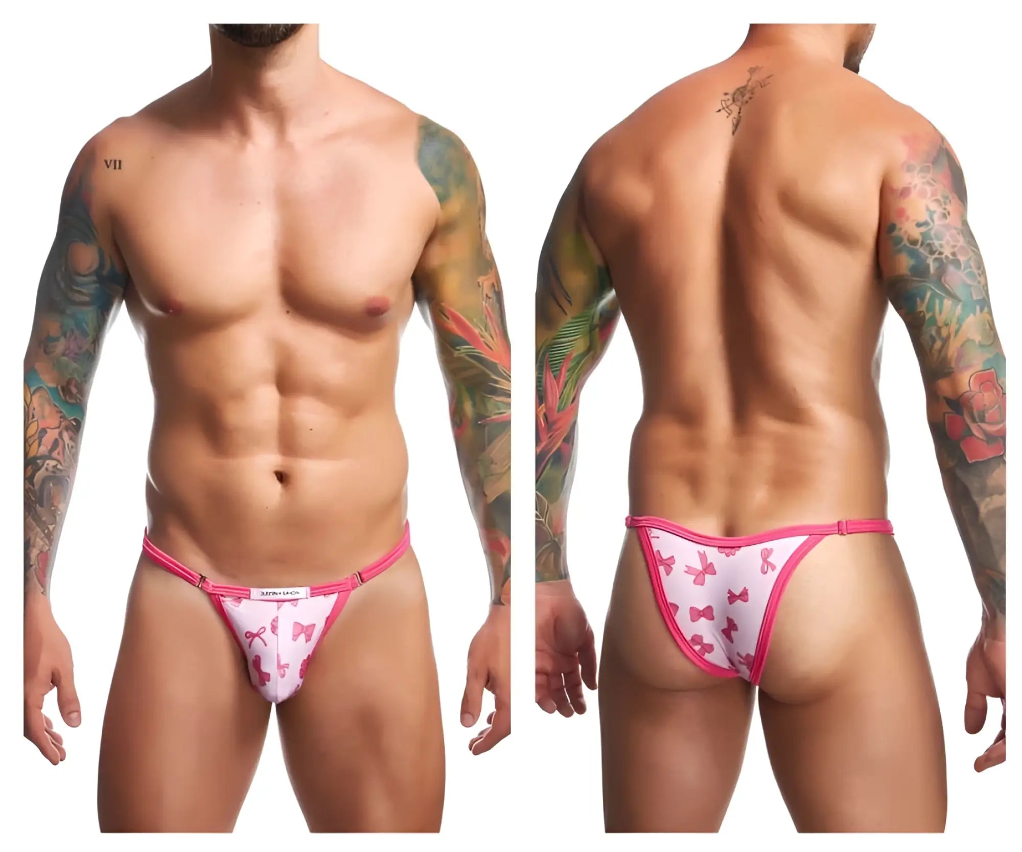 Pink and white patterned thong bikini with pink ribbon motifs by justin+simon xsj12 coquette collection