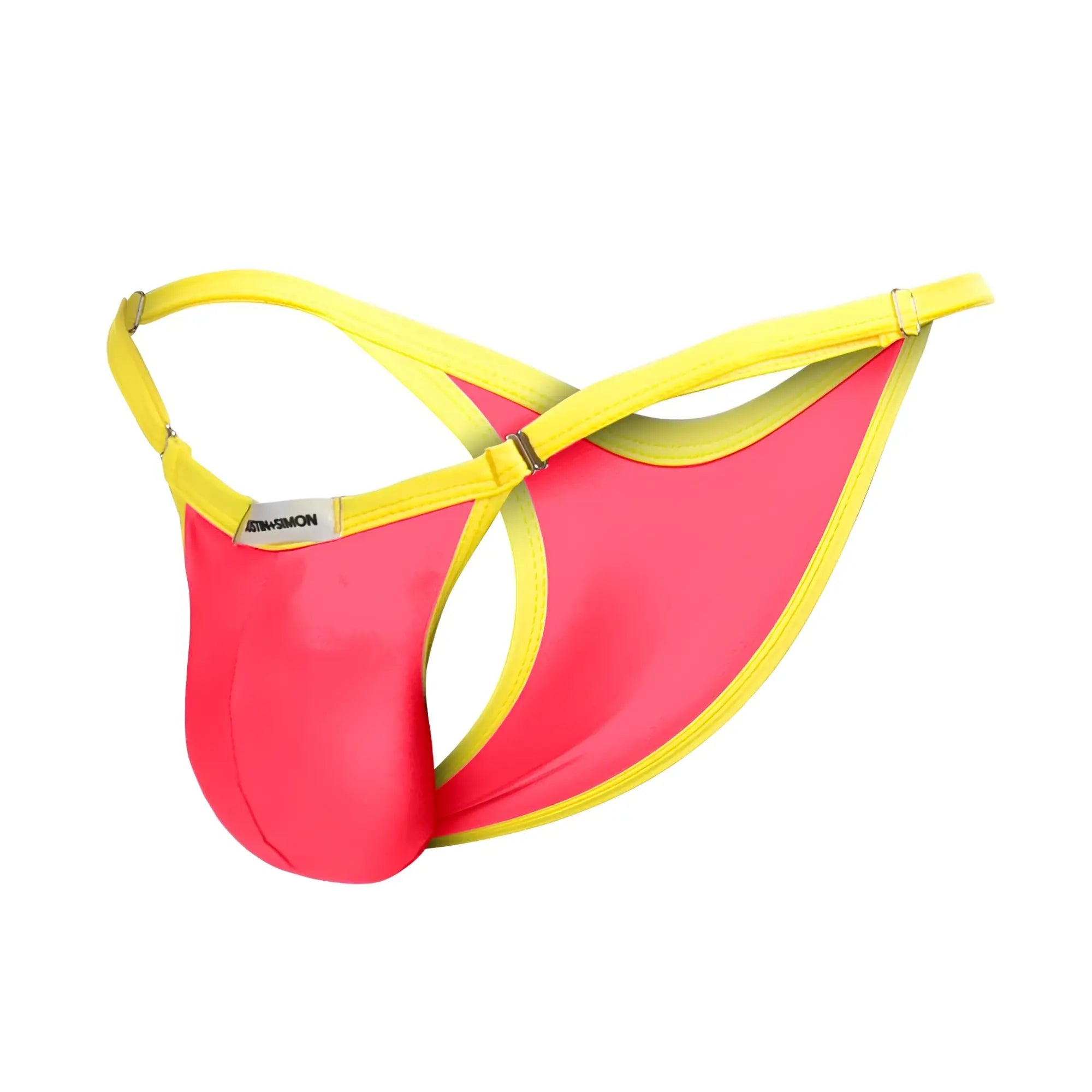 Bright pink and yellow men’s thong with shiny stretchy fabric from justin simon xsj12 bikini coral collection