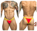 Vibrant red and yellow justin simon xsj12 bikini briefs with bold contrasting trim in coral color for athletic use