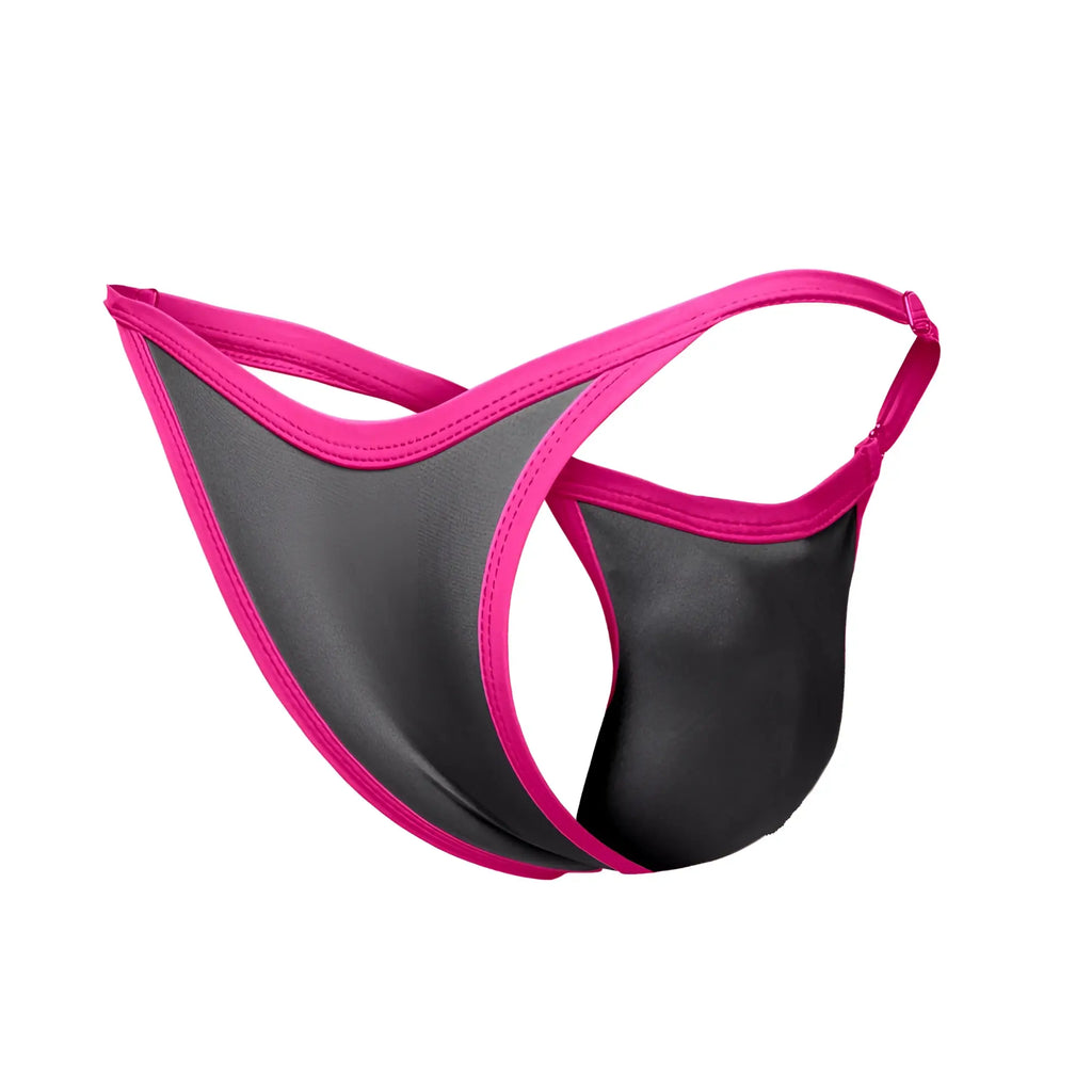 Black and pink thong bikini in shiny smooth material from justin simon xsj12 collection shown from the back side