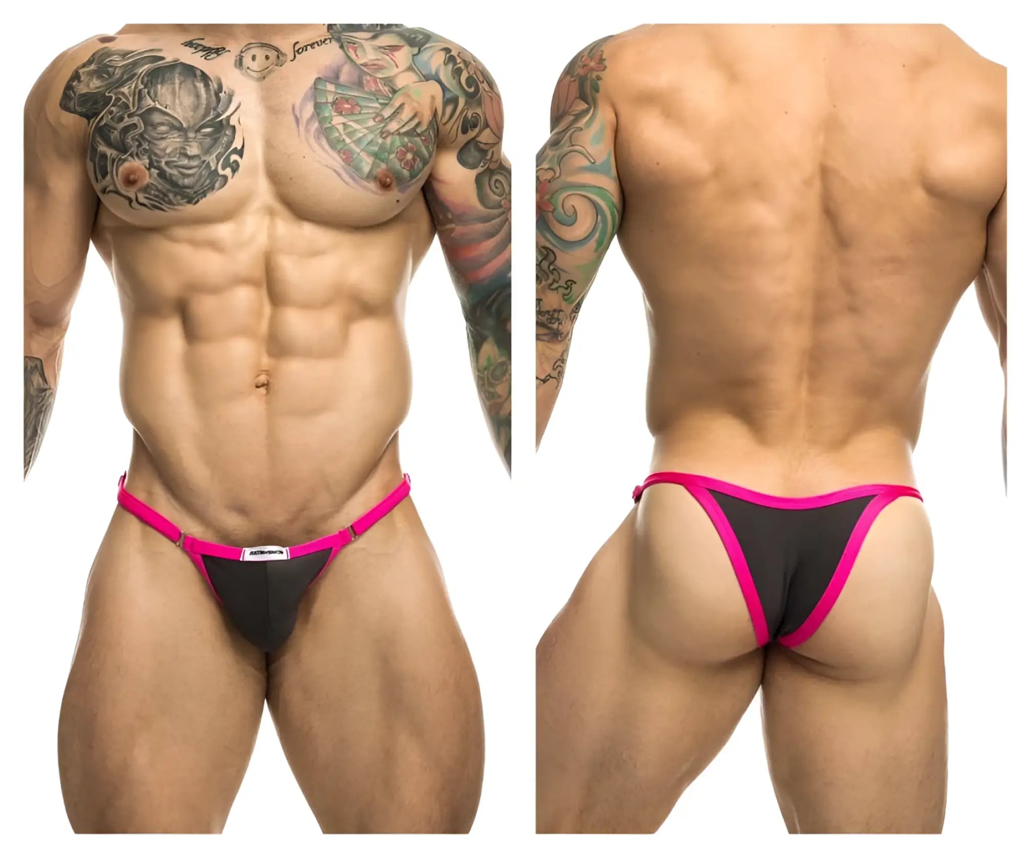 Black and pink thong with small white brand tag featured in Justin Simon Xsj12 bikini one color gray product
