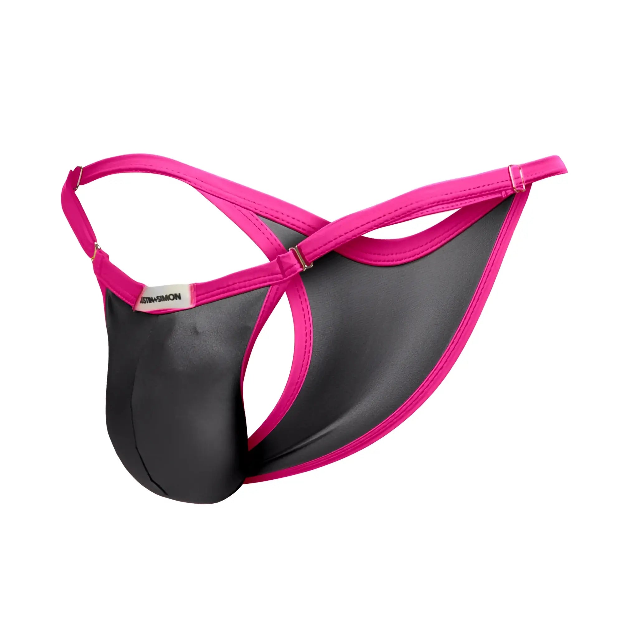 A vibrant pink and black men’s thong with a satin-like finish and adjustable straps from justin simon xsj12 bikini gray collection